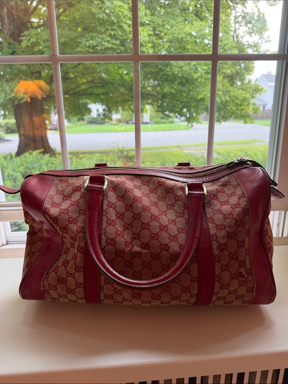 Authentic Gucci Red Monogram Boston Bag with Red Trim